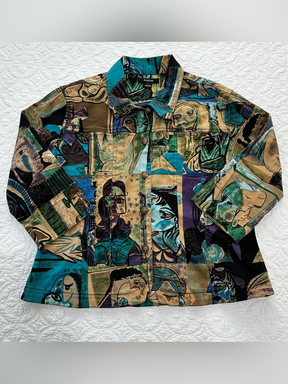 Kaktus Abstract Picasso Face Art Print Stretch Denim Jacket L Teal Blue Artsy